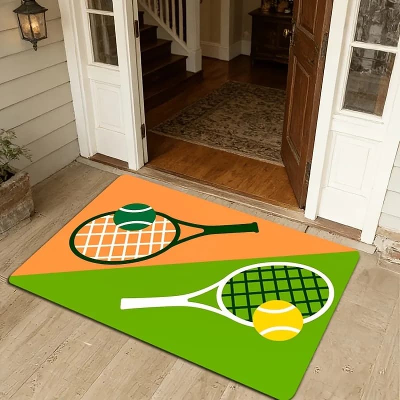 Tappetino da tennis antiscivolo per porta, tappeto d'ingresso sportivo con palline, arancione e verde, per cucina, soggiorno, ingresso