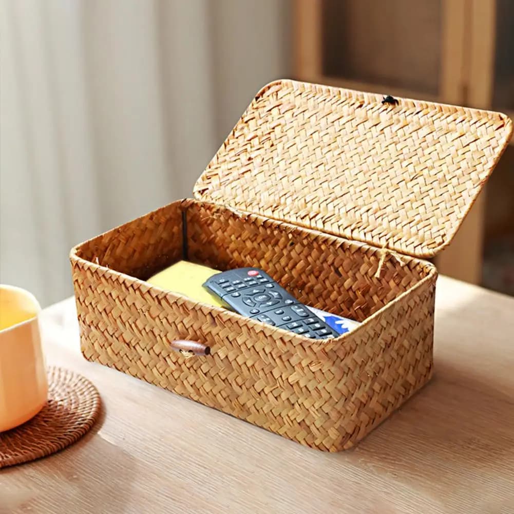 Set di 3 Cesti Portaoggetti in Rattan Intrecciato con Coperchio, Stile Naturale, Contenitori Impilabili per Oggetti Vari