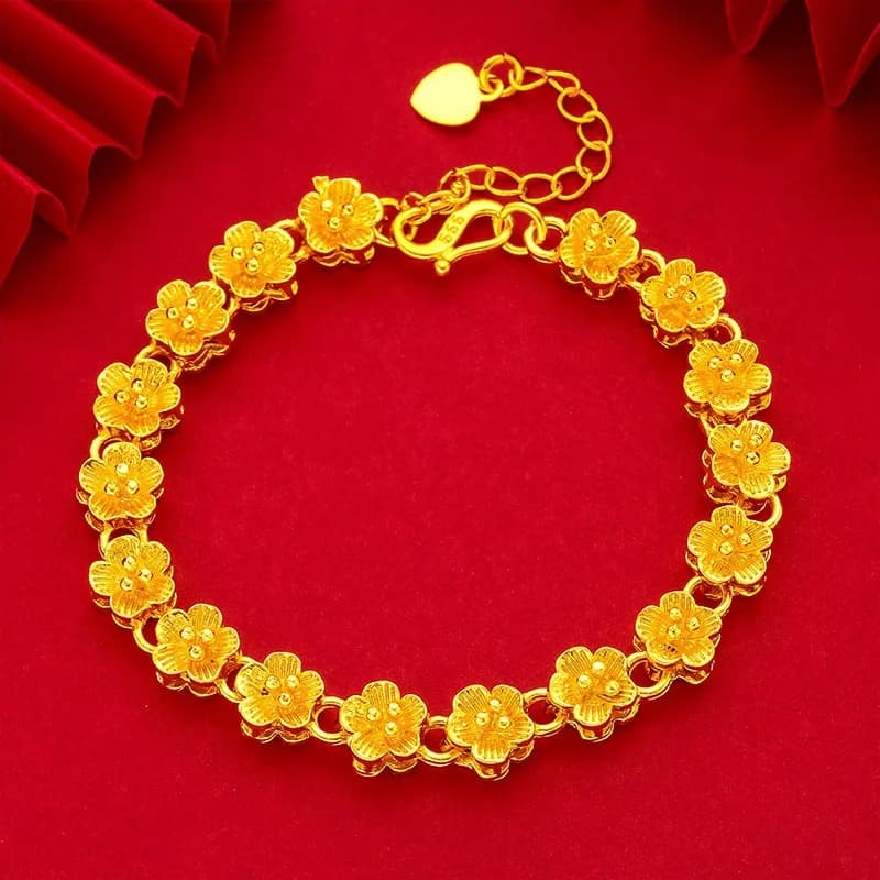 Bracciale da donna di lusso in oro puro 24K 9999 con fiore di pruno in vero oro Bracciale da donna di fascia alta di lusso leggero