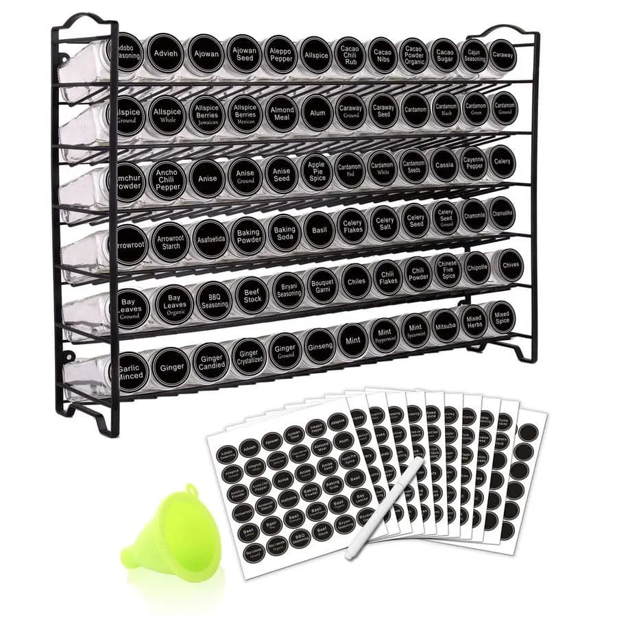 Organizer per portaspezie con 72 barattoli di spezie quadrati vuoti, 340 etichette per spezie con pennarello per gesso e set completo di imbuto, per piano di lavoro,