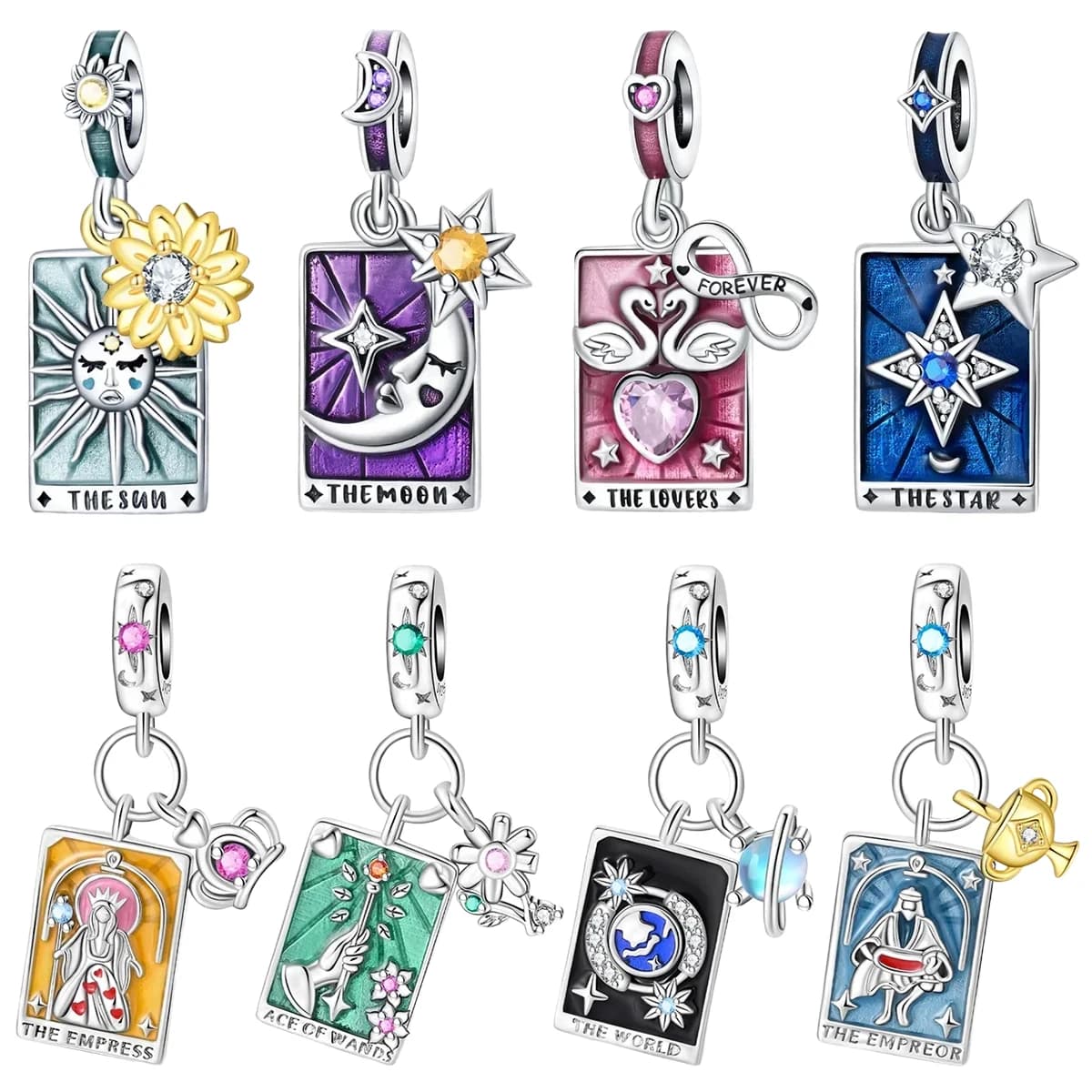Ciondolo Portafortuna in Argento Sterling S925 a Forma di Carta dei Tarocchi: Sole, Luna, Stella, Cigno, Imperatore, Asso di Bacchette, Imperatrice - Adatto per Collane e Bracciali