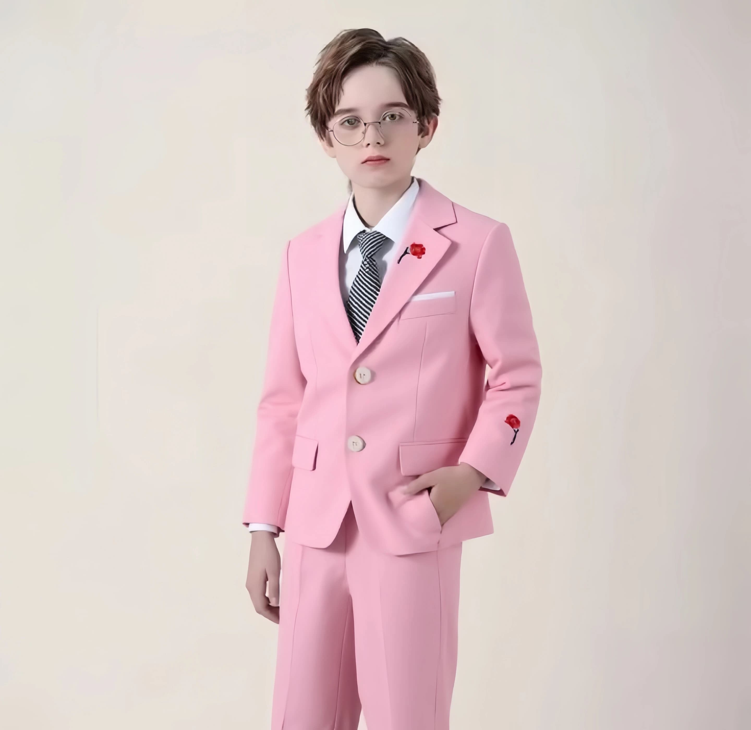 Abito formale rosa da ragazzo ricamato in 3 pezzi con giacca, pantaloni, cravatta per matrimonio, compleanno, moda per bambini, evento, festa