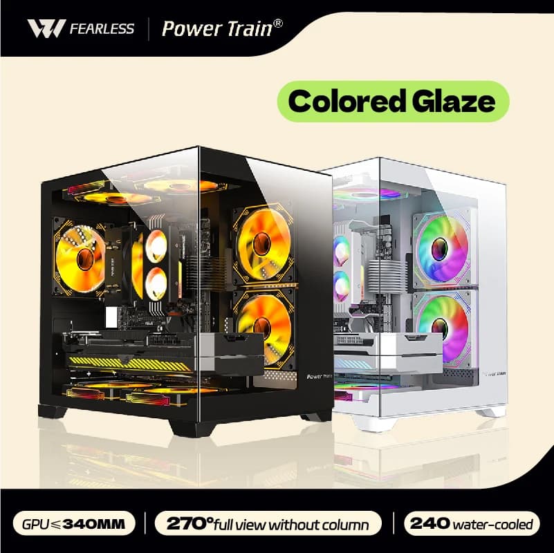 PC Case with Colorful Enamel Power Train Sea View Room 270 ° Full View without Column Support Table Frame Water Cooling Device 240