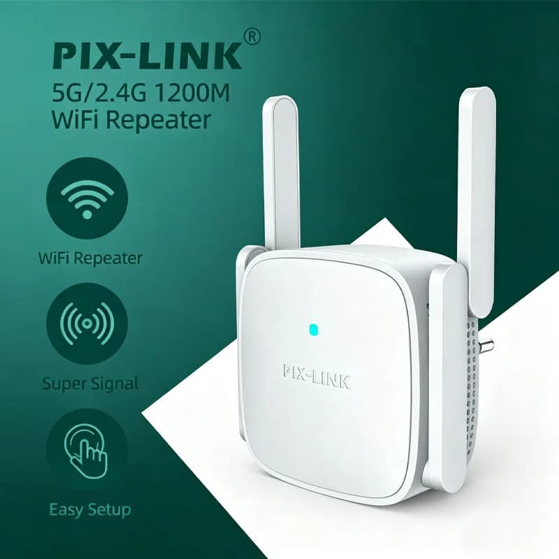 PIX-LINK Ripetitore WiFi AC1200 Router 1200Mbps Dual Band 5GHz/2.4GHz Amplificatore di Segnale con 4 Antenne, Estensore WiFi per Casa e Ufficio