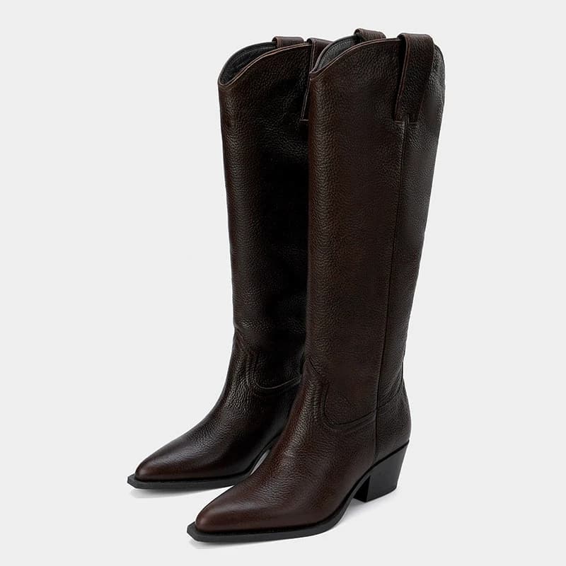 Stivali alti al ginocchio con tacco grosso Donna Primavera Autunno Scarpe in pelle Stivali da cowboy occidentali da donna Stivaletti lunghi a punta stile britannico