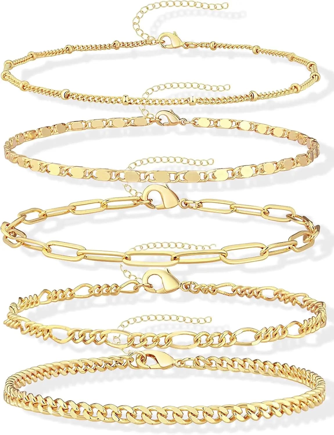 Ankle Bracelets for Women Waterproof, 14k Gold Plated Jewelry Set Layered Cuban Figaro Link Chain Anklets Set Gold Anklets Summer Boho Beach Jewelry Gift Adjustable Size