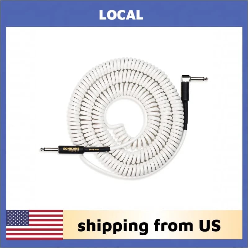 SONICAKE Local Coil Guitar Cable 32Feet/10M Instrument Coiled Curly Cord for Guitar Bass 1/4 inch Right Angle to Straight shipping from US