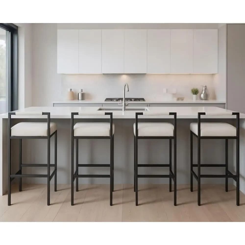 Set di 4 Sgabelli da Bancone in Lino Beige, Altezza 76 cm con Gambe in Metallo per Isola Cucina o Pub