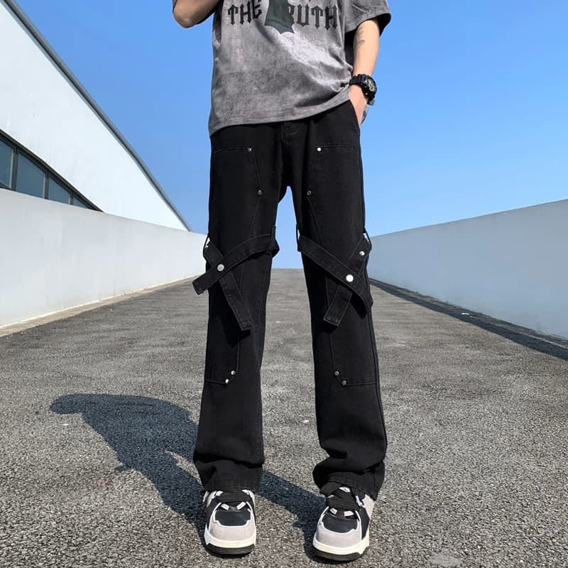 Jeans da Uomo American Vibe con Rivetti, Stile Street Casual Hip Hop, Design con Laccetti, Gamba Dritta Larga, Pantaloni Lunghi, Moda Estiva