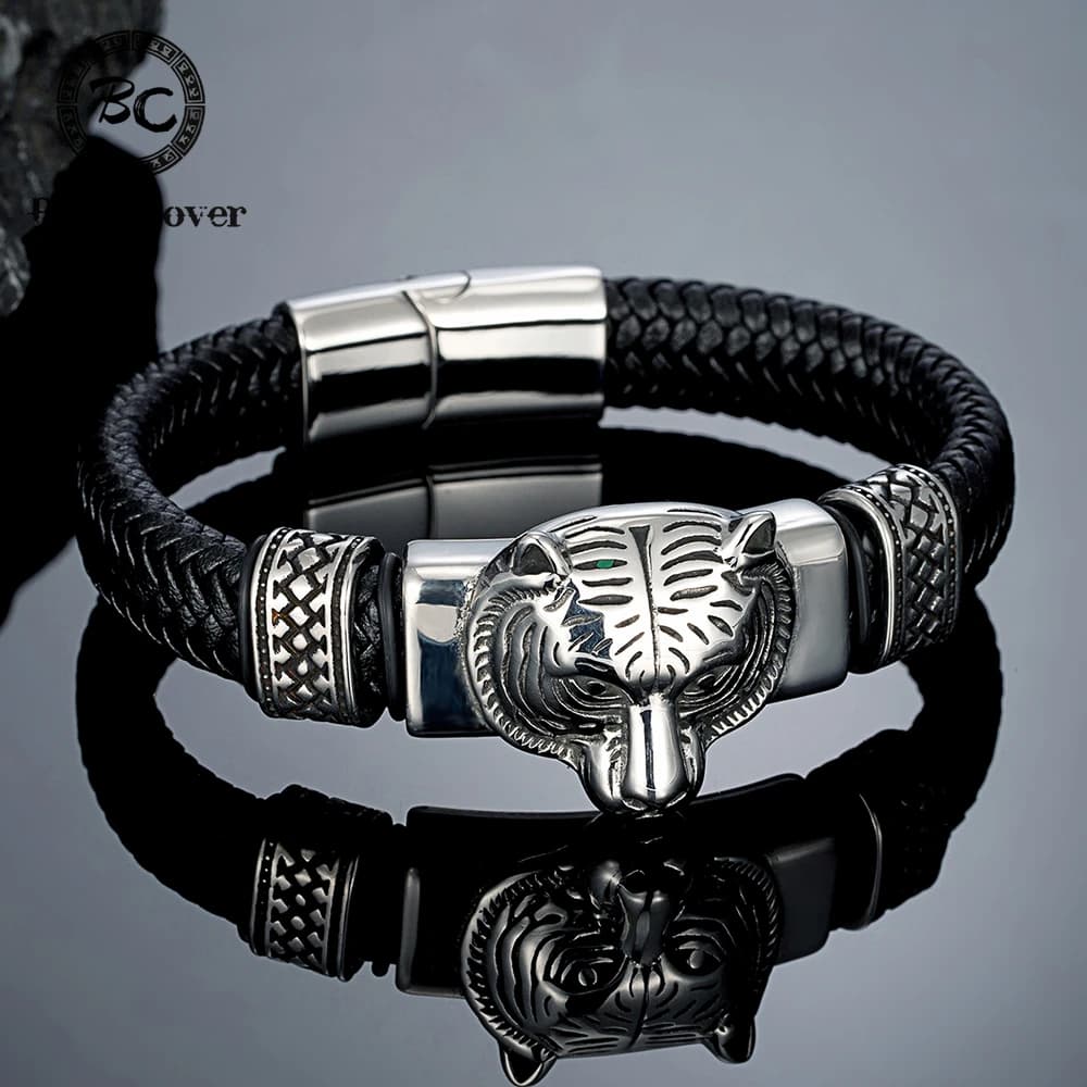Bracciali in Pelle Vintage con Testa di Orso Vichingo per Uomo, Amuleto Nordico Fatto a Mano in Acciaio Inossidabile, Gioielli da Guerriero Punk, Regalo per Lui