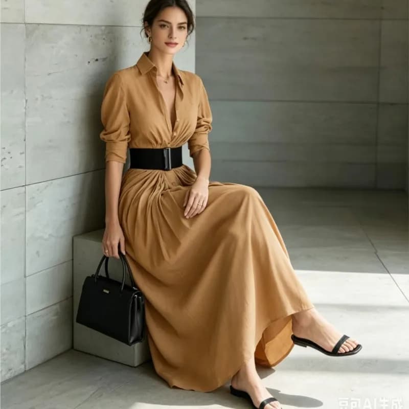 Spring Single Breasted Shirts Long Dress Woman Lapel Elegant Belted Slim Pleated Dress Autumn Long Sleeve Solid Slit Party Dress