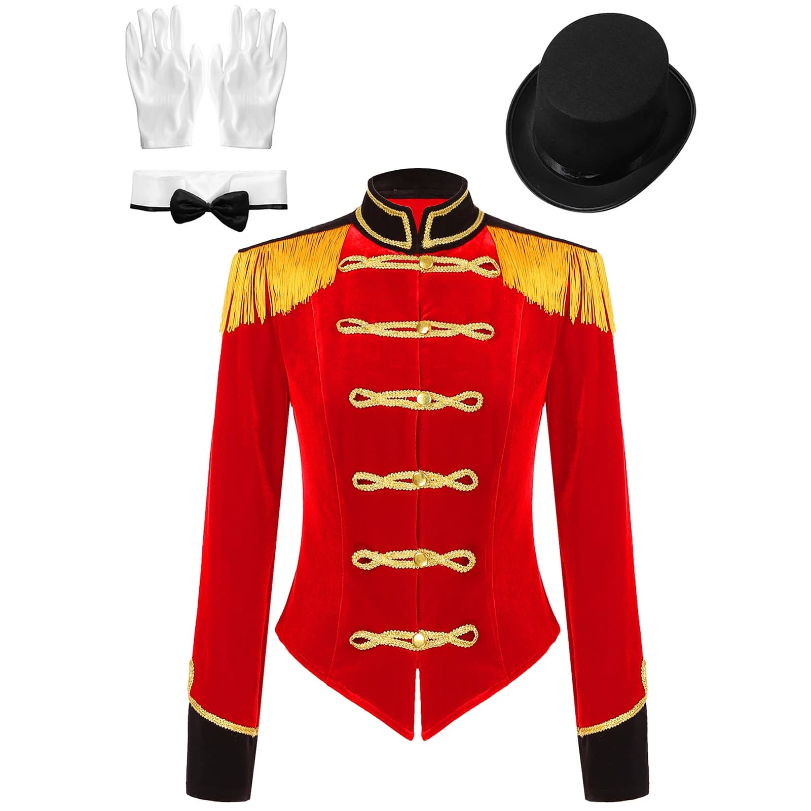 Costume da circo da donna Giacca in velluto Giacca da direttore di circo vintage Set cosplay da circo con cappello e guanti Costumi da showman Vestire