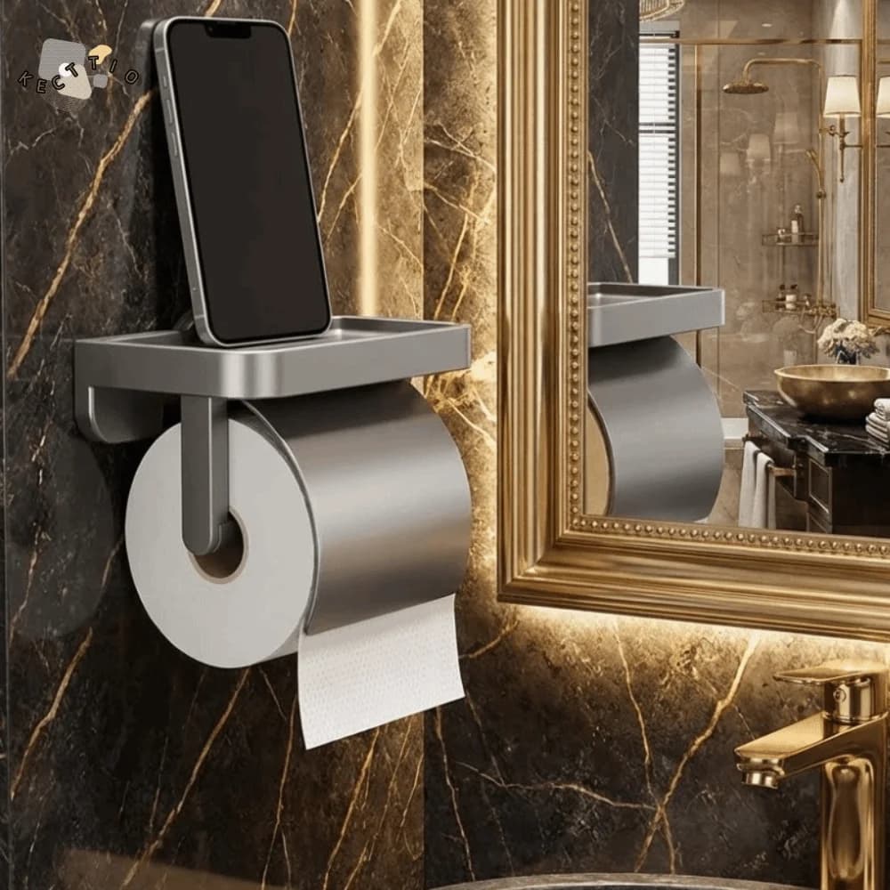 Portarotolo da parete con ventosa, senza foratura, salvaspazio, con ripiano portaoggetti per rotoli di carta e vassoio porta telefono, antiruggine