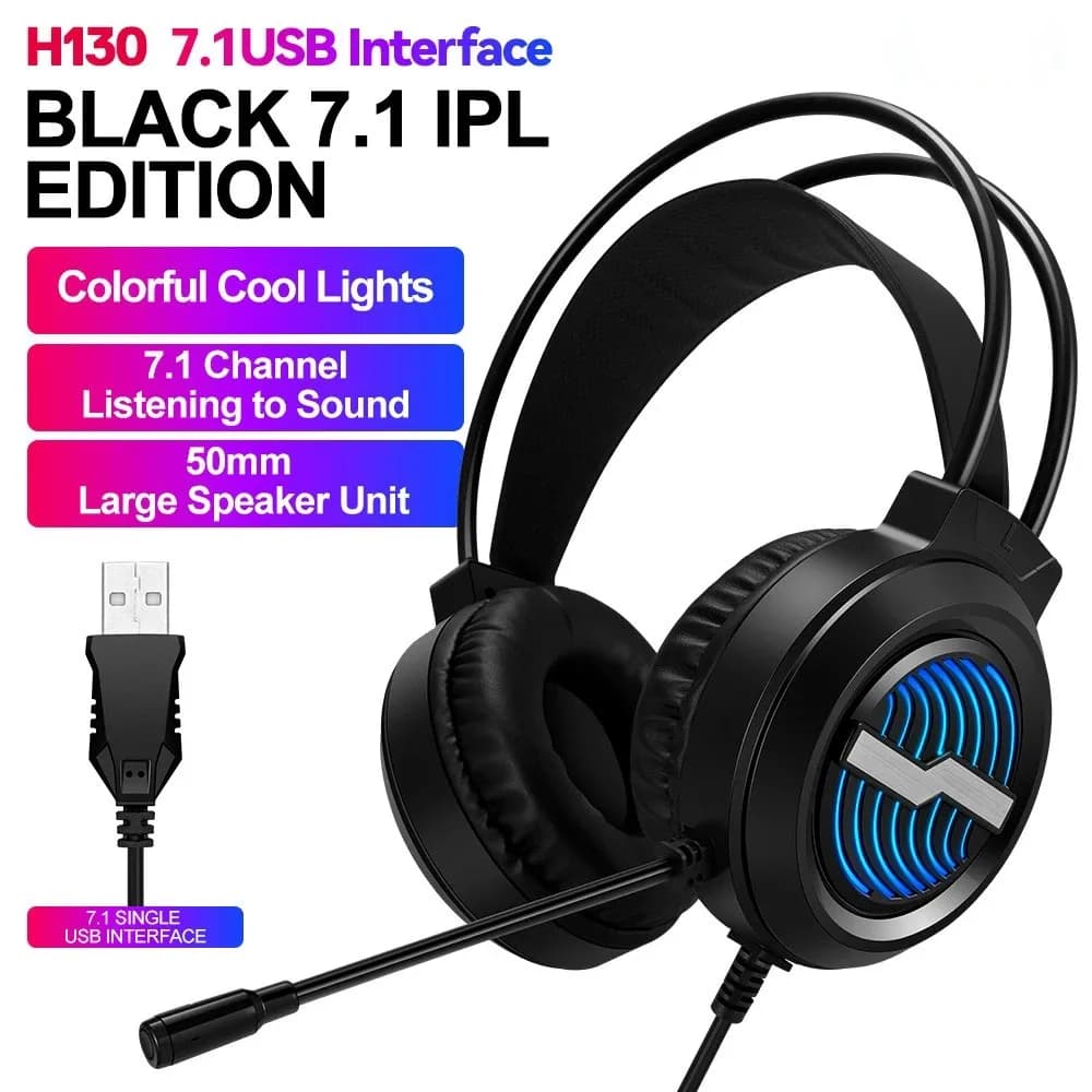 Cuffie da Gaming USB H130 con Microfono, Retroilluminazione LED RGB, Pieghevoli, Audio Stereo con Bassi Potenti per PC, Laptop e Desktop