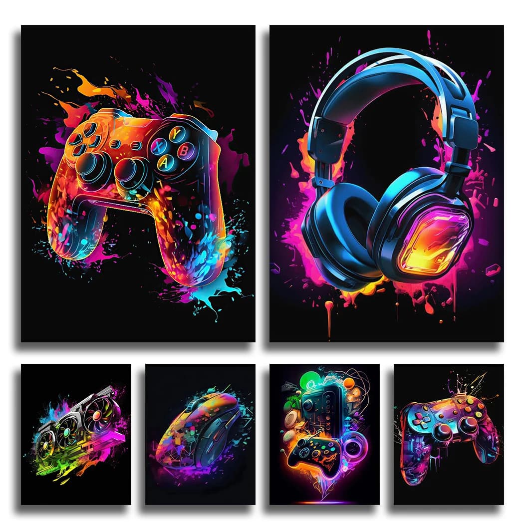 Poster da Parete con Personaggi di Videogiochi Pop Neon, Gamepad, Cuffie, Pallone da Calcio, Mouse, Tela per Decorazione Camera da Gioco, Carta da Parati Neon