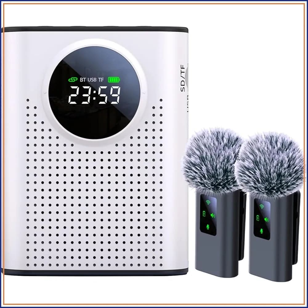 Rechargeable Voice Amplifier Wireless Microphone Dual for Teachers Classroom, Mini Lavalier Lapel Mic Clip Magnetic, Bluetooth Speaker with LED Display for Class, Tour Guide, Coaches