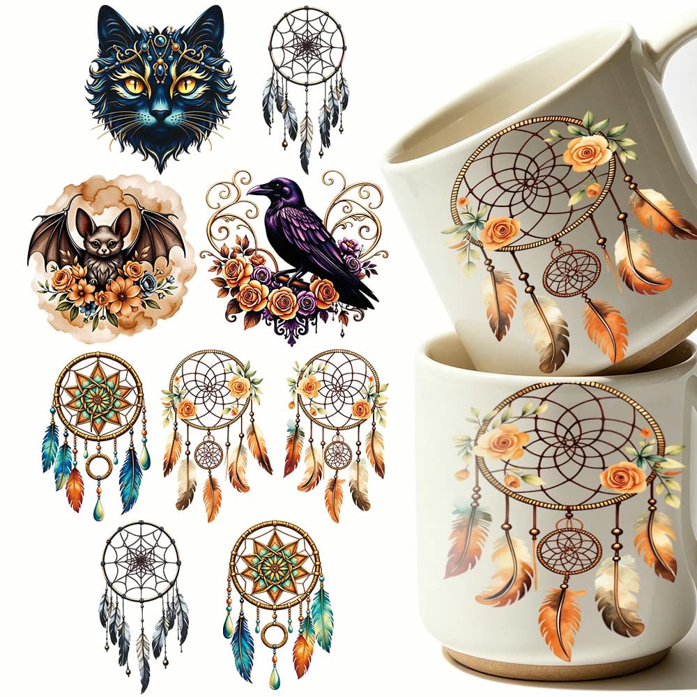9pcs Gothic Black Cat Crow Bat UV DTF Sticker Flower Feather Dreamcatcher UV DTF Cup Wrap Easy To Use DIY Decals For Glass Cup