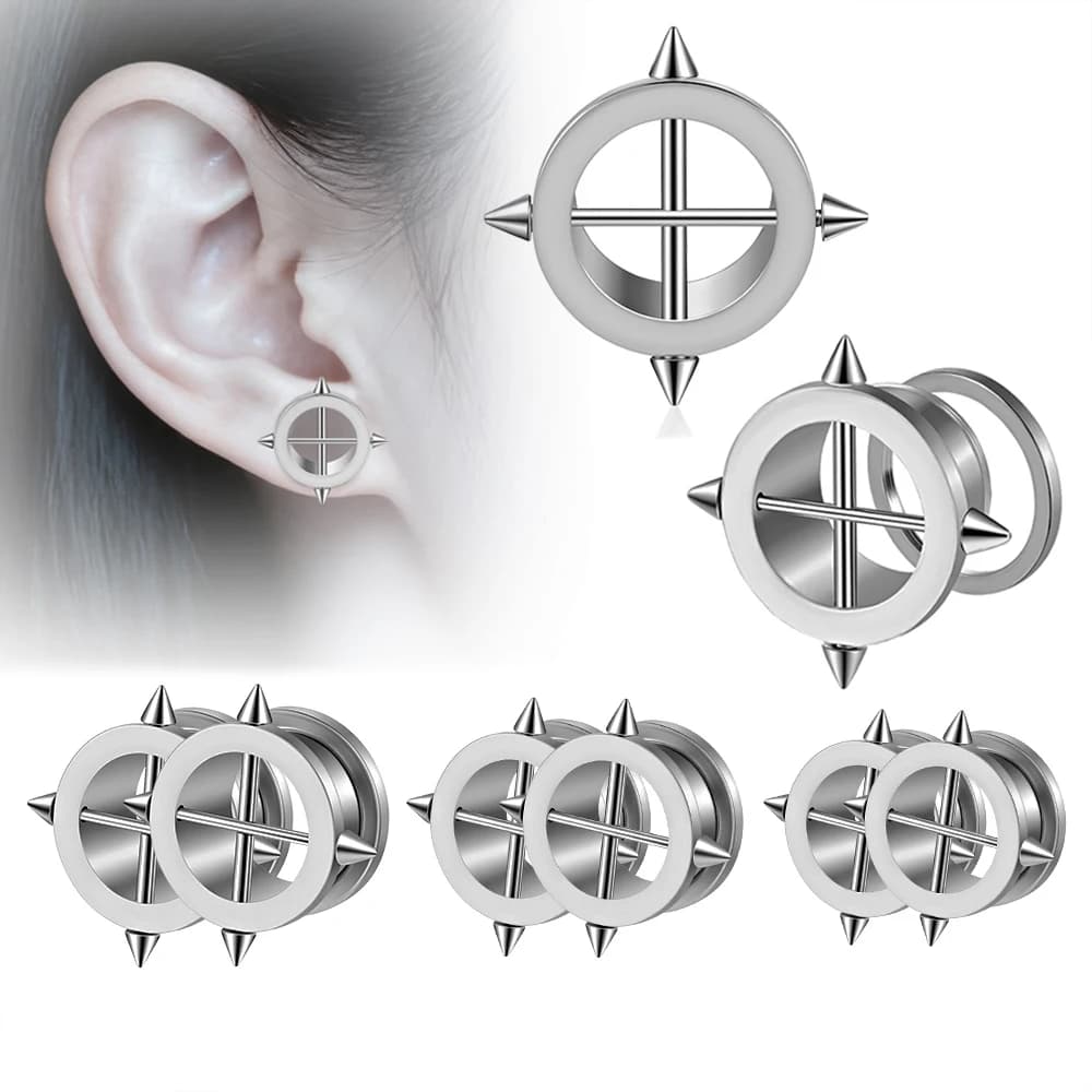 2pcs Tone Cross Arrow Spike 316 Steel Pulley Ear Cuff Punk Gauges Ear Plugs Tunnels Lobe Piercing Trendy Unisex Body Jewelry