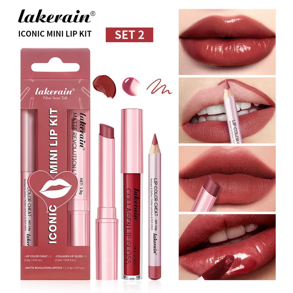3PCS Lip Combo Set Matte Lip Liner Pencil Hydrating Tinted Lip Balm Juicys Lip Gloss Long-Lasting Makeup Without Smudging Makeup