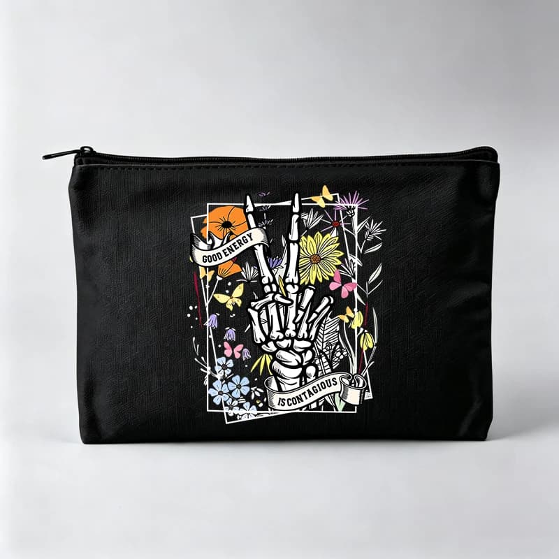 Skeleton Hand & Floral Pattern Makeup Bag, Artistic Graphic Cosmetic Pouch for Daily Use