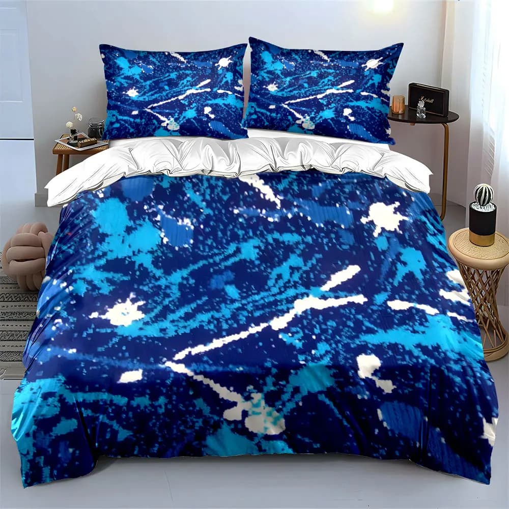 Set di biancheria da letto con schizzi di vernice blu navy, 3 pezzi, base scura con stampa astratta bianca e ciano, 1 copripiumino e 2 federe, King Queen