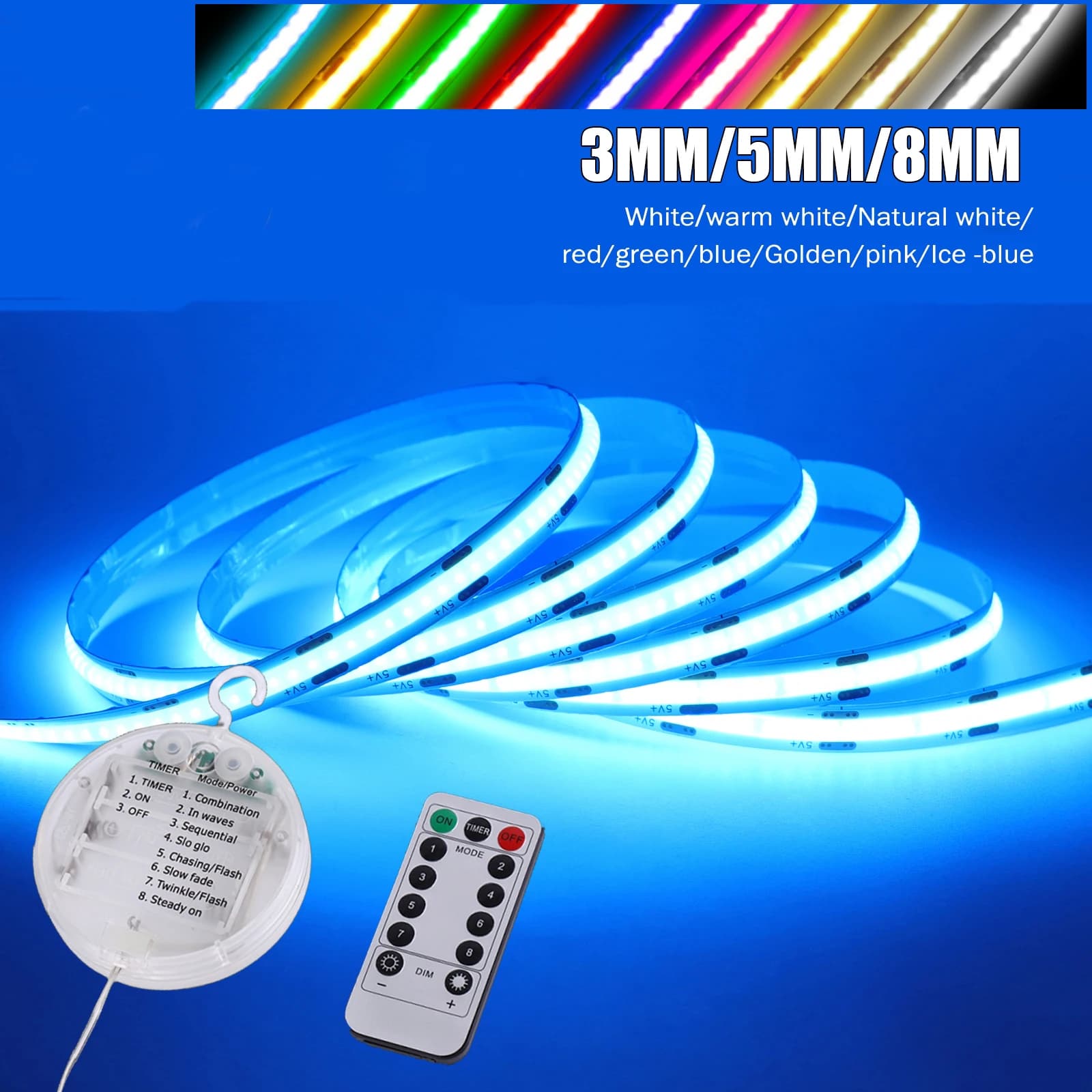 Striscia LED COB Dimmerabile 5V con 8 Modalità e Scatola Batteria, 3MM 5MM 8MM Bianco/Rosso/Blu/Rosa/Verde, Flessibile per Retroilluminazione TV