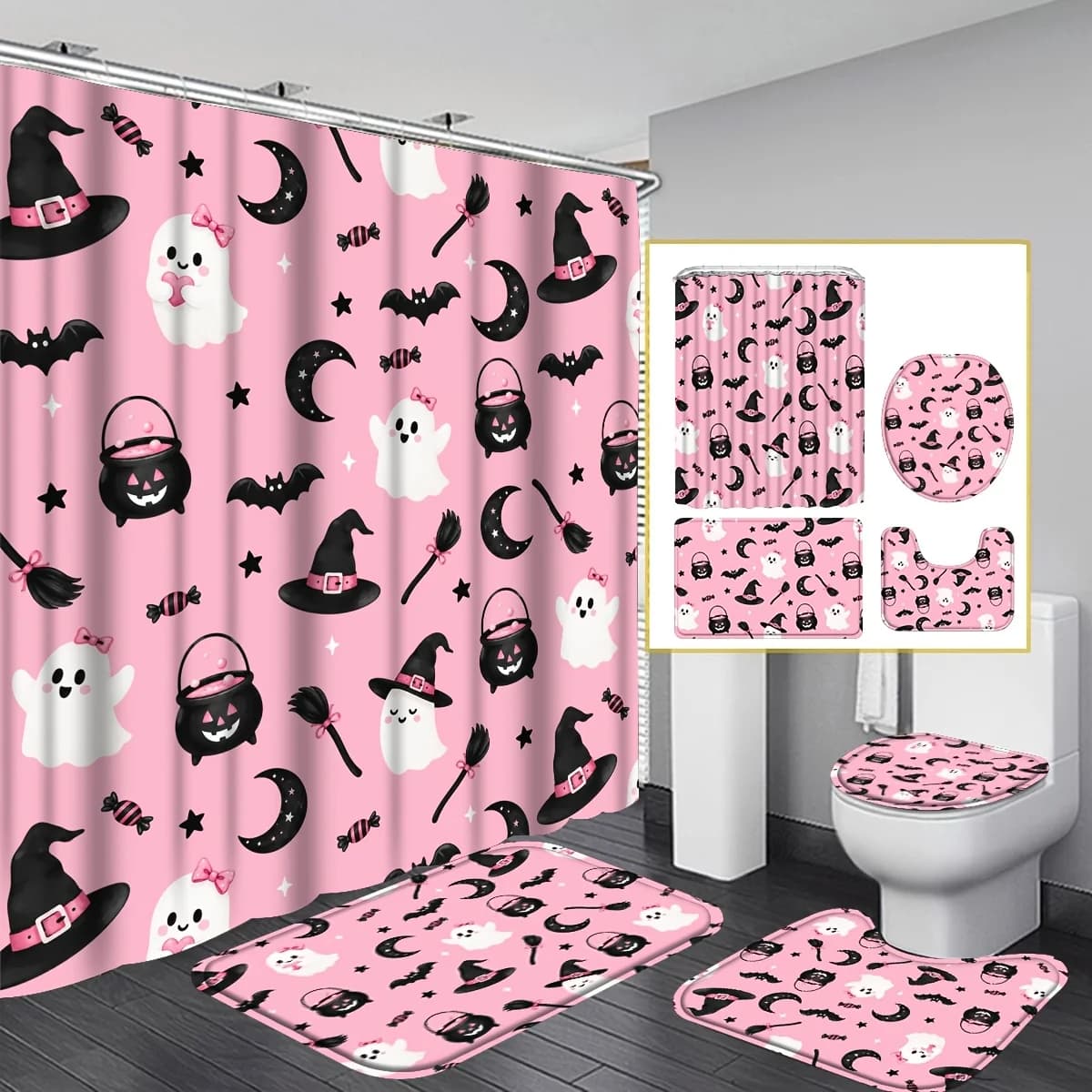 4pcs Halloween & Christmas Shower Curtain and Bath Mat Set with Non-Slip Rugs, Toilet Cover - Pink Witch Bat Cauldron Curtain Suitable for Bath Decor, Hooks Included, Spooky Cute Bathroom Accessories for And