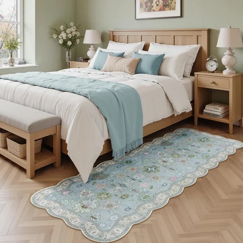 VIKAMA Floral Scalloped Runner Rug Non Slip Washable Light Blue Bedroom Mat French Country Style Home Decor Carpet