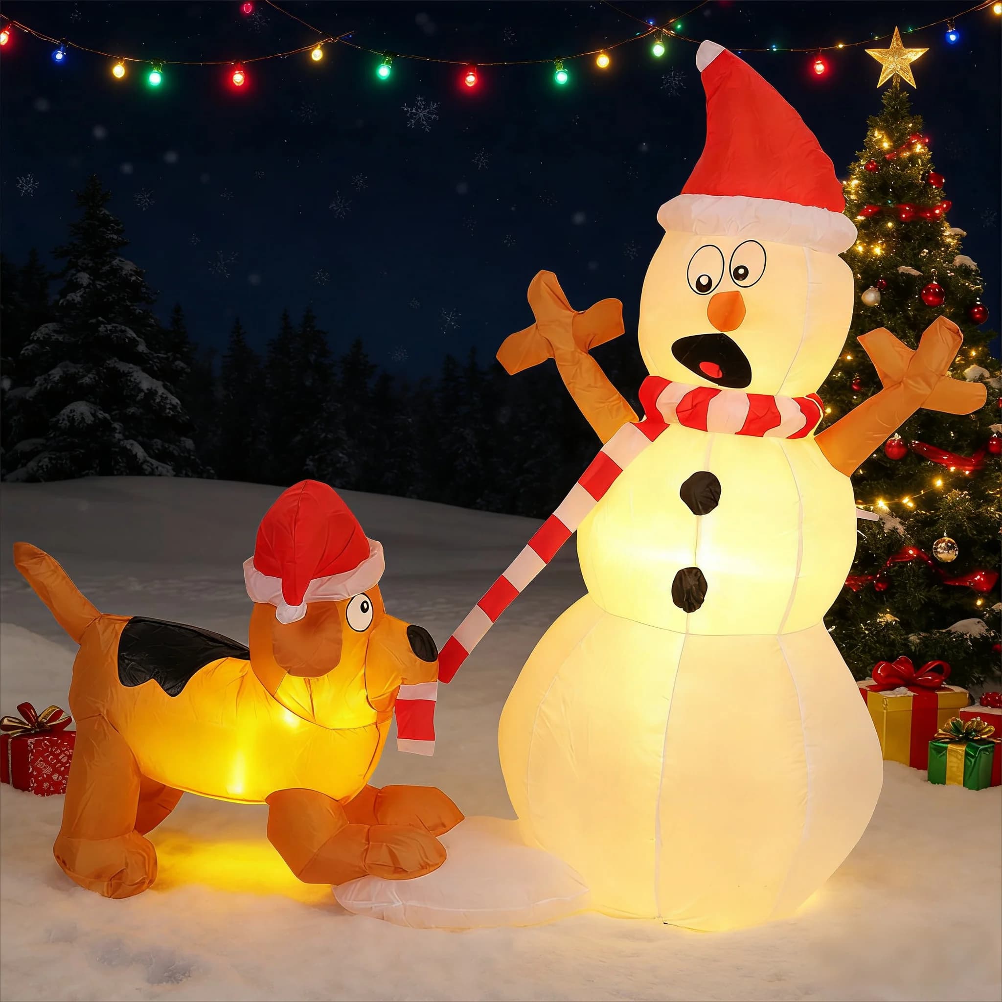 Pupazzo di neve gonfiabile da 4 piedi con decorazioni natalizie per cani, cane da morso con pupazzo di neve con luci a LED, per cortile interno ed esterno