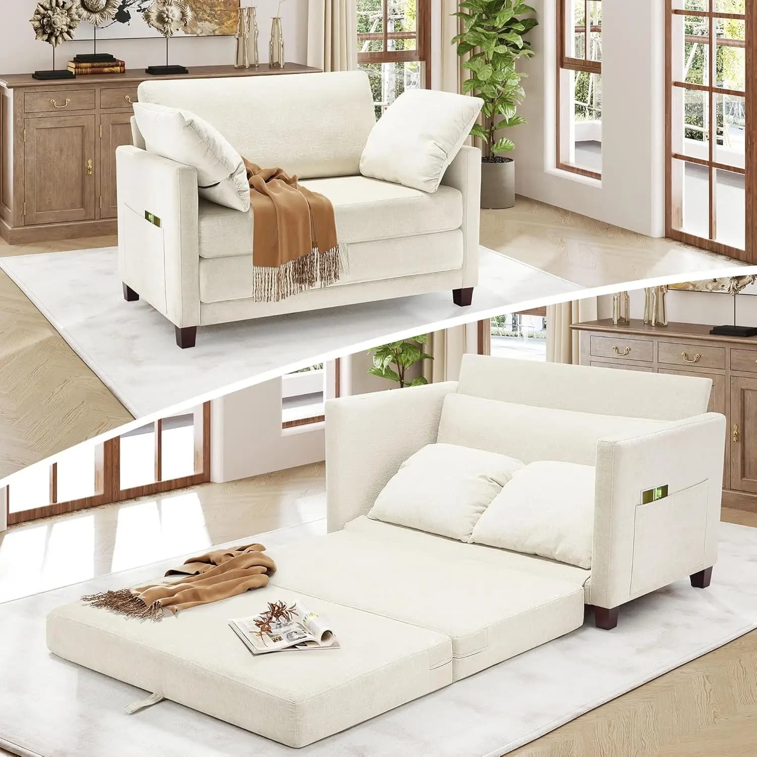 Divano letto trasformabile con contenitore, seduta profonda e 2 cuscini per piccoli spazi, beige