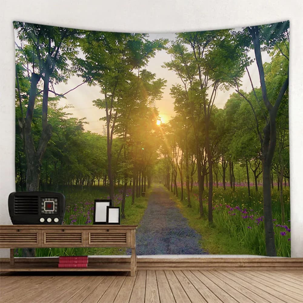 Forest space, mural for the house, natural landscape, aesthetic decoration of the room to hang on the wall, background fabric, sheets, picnic mat