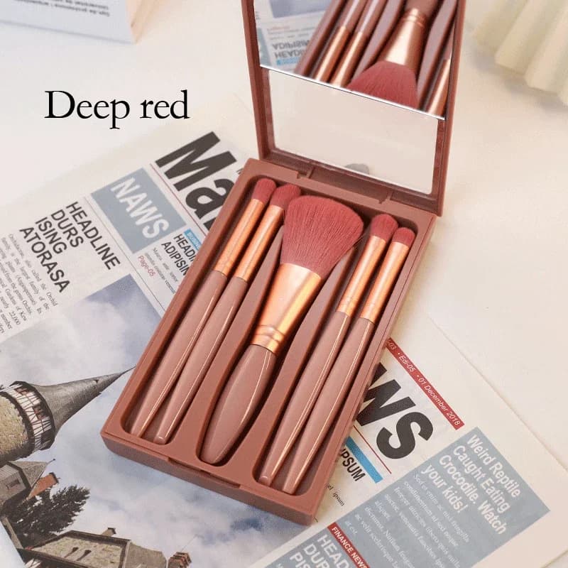 Set of portable makeup brushes with travel mirror - Cosmetic tools for mixing highlight lips, shadows and foundation powder