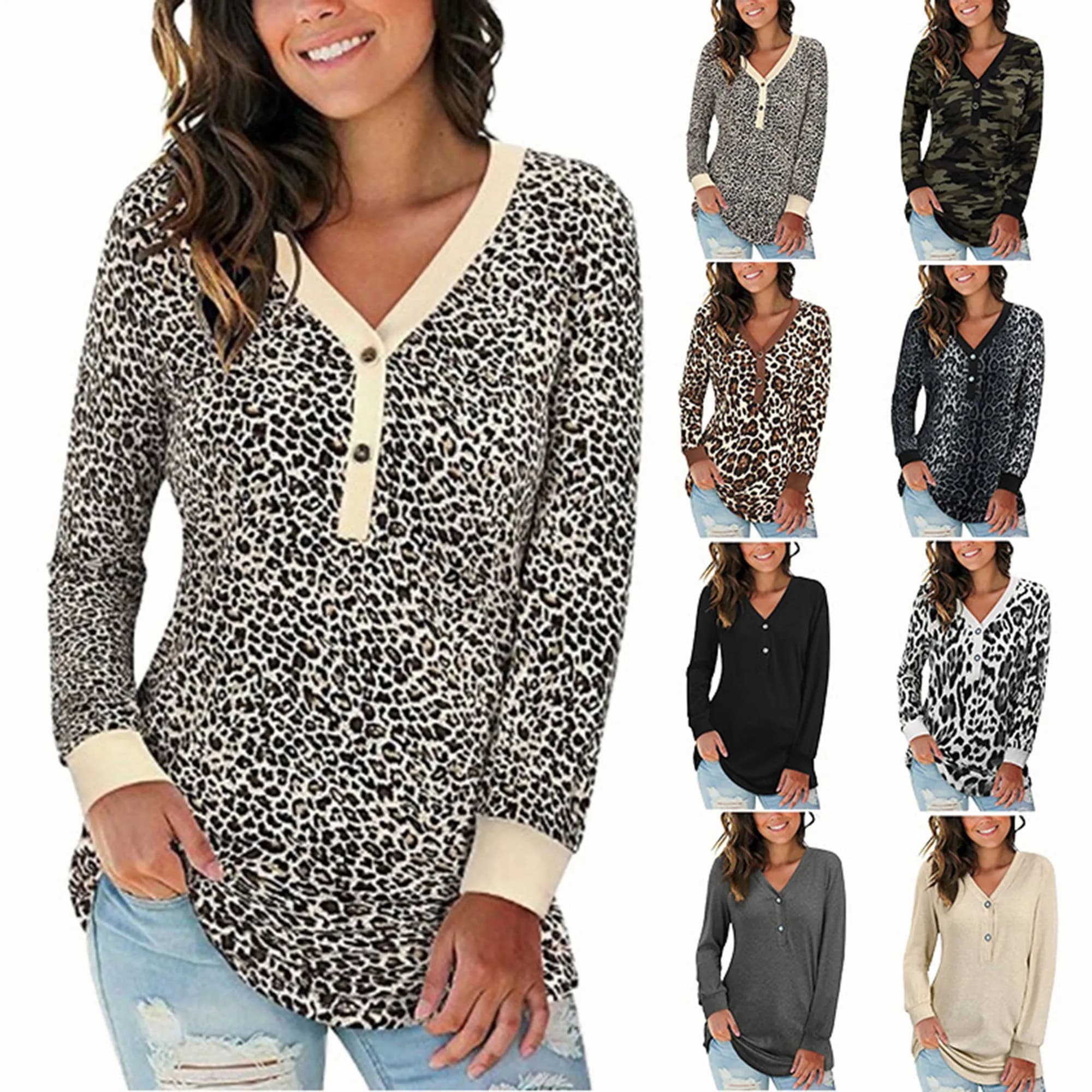 2024 autunno transfrontaliero nuovo Amazon eBay T-shirt a maniche lunghe con stampa di bottoni con scollo a V per donna