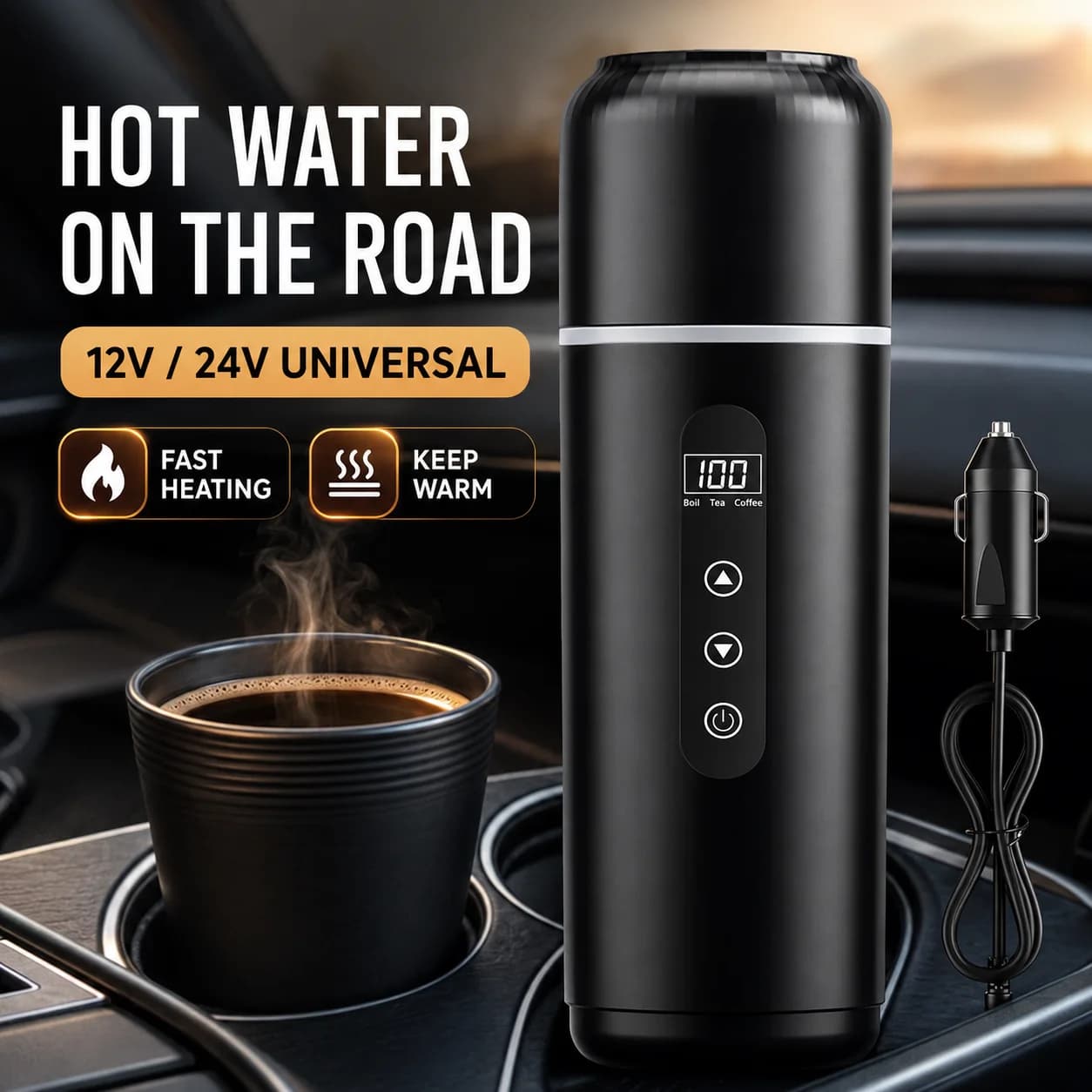 12V 24V Car Electric Kettle 500ML Portable Travel Heating Cup With Digital Temperature Control For Cars Trucks SUVs And Camping