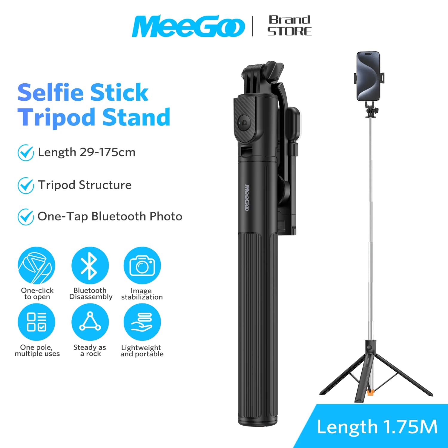 MeeGoo 1.75M Bluetooth Selfie Stick Tripod, 29-175cm Adjustable, Detachable Remote, 360° Rotation, 3-Color Fill Light 2026 NEW