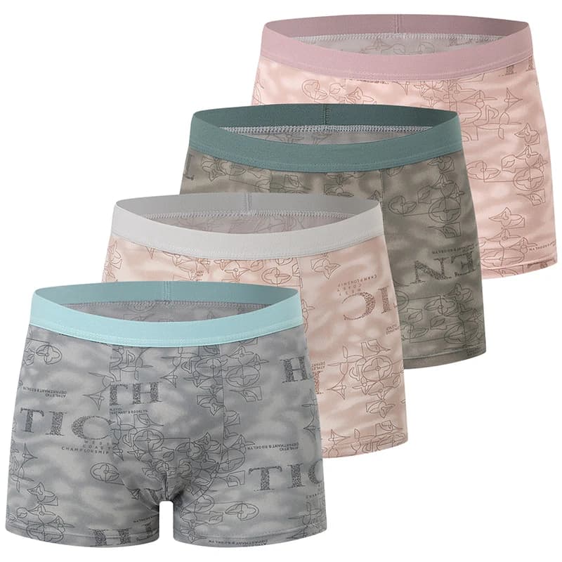 Set da 4 pezzi di boxer stampati casual e alla moda da uomo in intimo di grandi dimensioni, comodi pantaloncini sportivi per adolescenti
