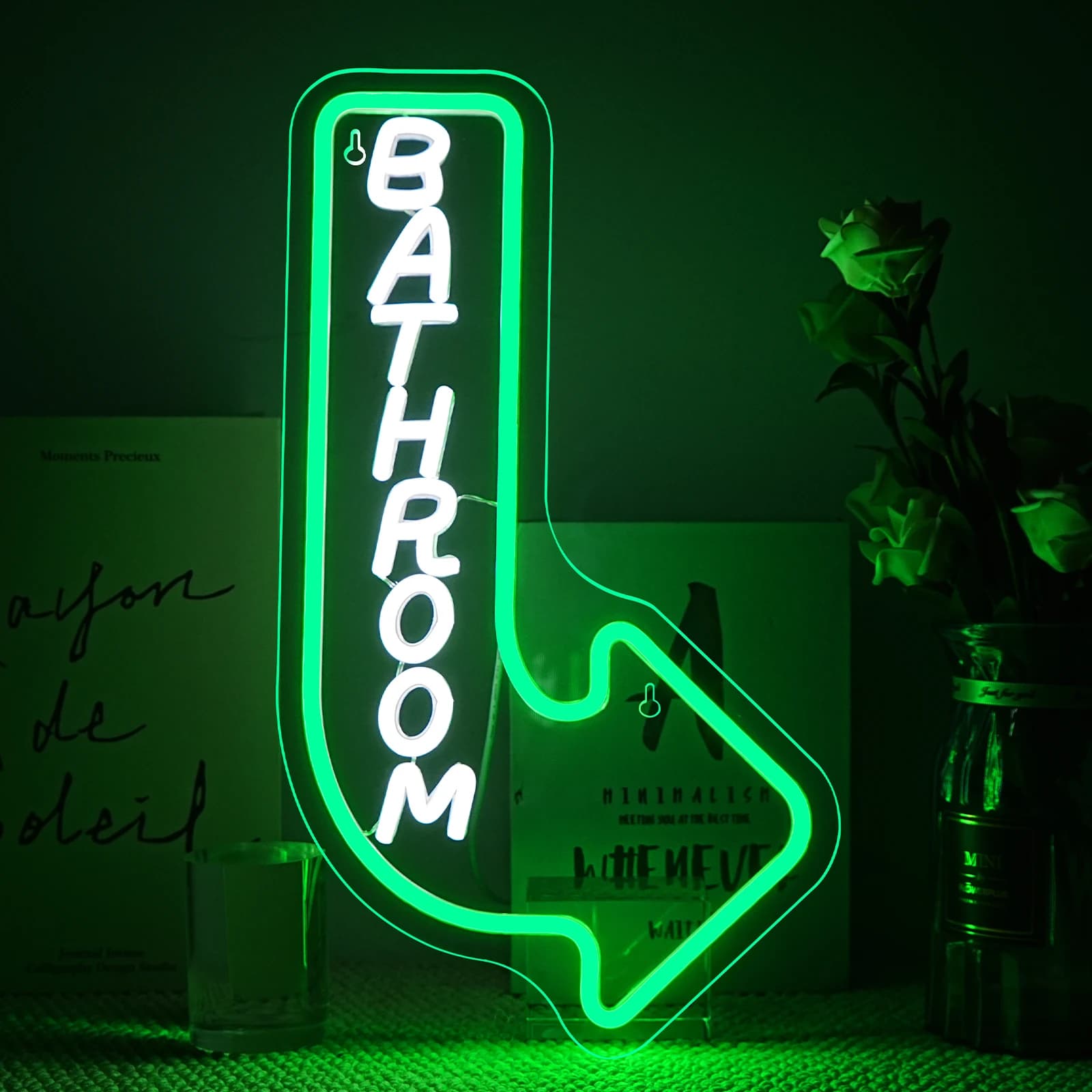 Insegne al neon per bagno Bagno acrilico verde personalizzato con attacco a parete a freccia Alimentato tramite USB per ristoranti Bar Hotel Negozi Decorazioni per la casa
