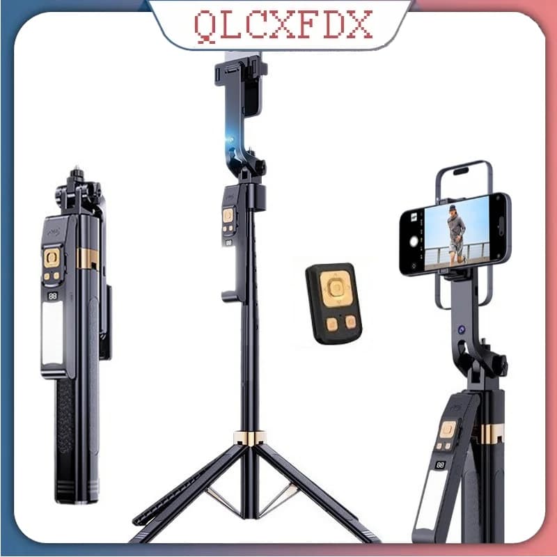 360 ° Stabilizzatore Gimbal Rotante con Treppiede, Asta Selfie da 180 cm, Tracciamento Automatico del Volto AI, Supporto Quadruplo con Luce LED per Fotocamera del Telefono