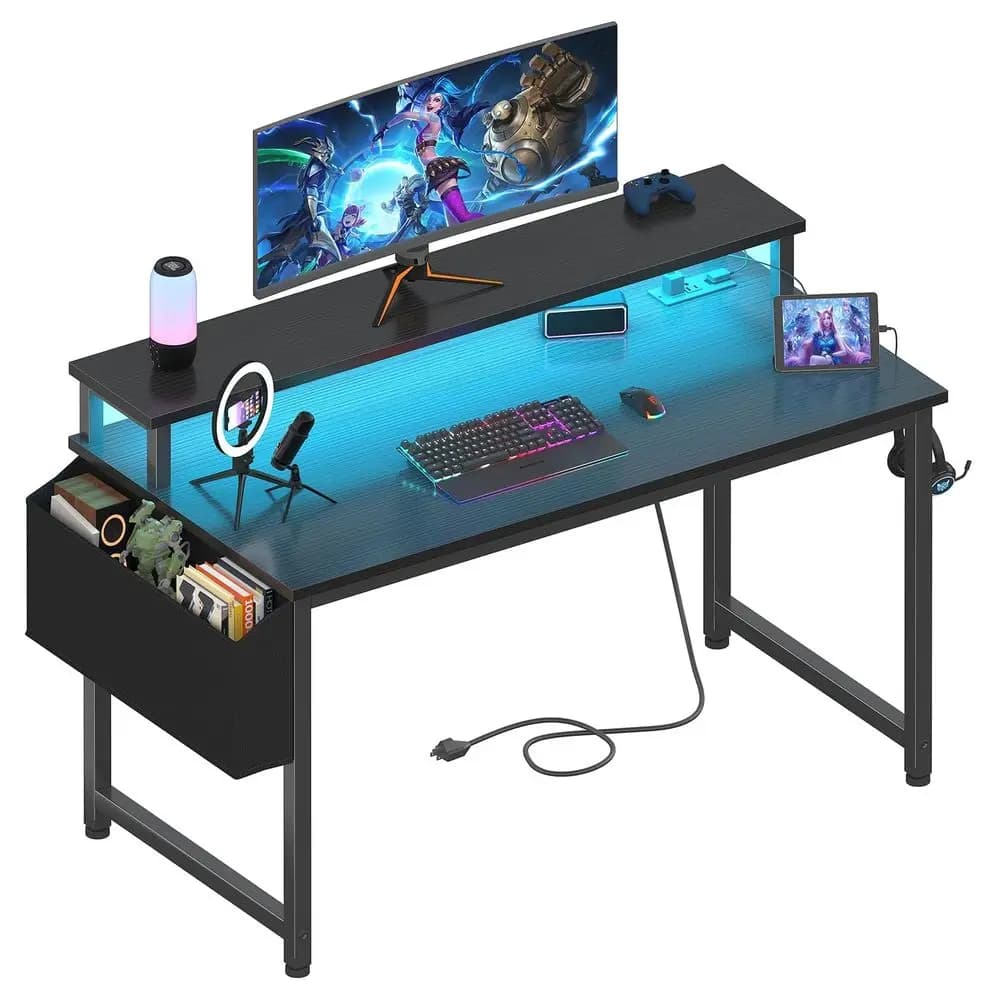 Black Gaming Desk with LED Lights and Power Outlets, 40 Inch Teen Writing Study Table Home Office Desks with Monitor Stand, Com