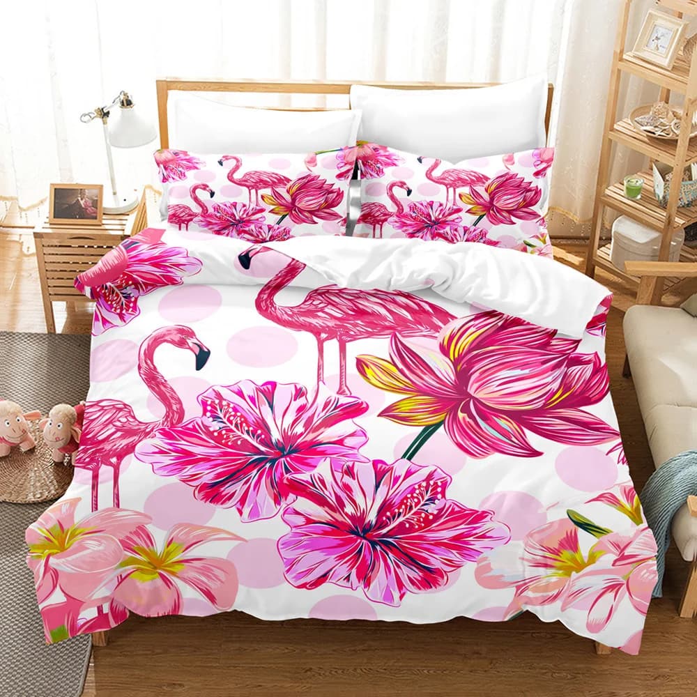 Set copripiumino fenicottero rosa Set biancheria da letto con stampa animalier floreale con foglie verdi per decorazioni per la camera da letto con motivo tropicale per bambine