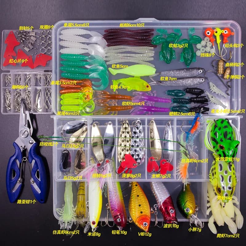 Set di esche da pesca miste Kit di esche morbide e dure Accessori per attrezzatura da cucchiaio in metallo per pesciolini con scatola per set di esche a manovella per luccio per spigola