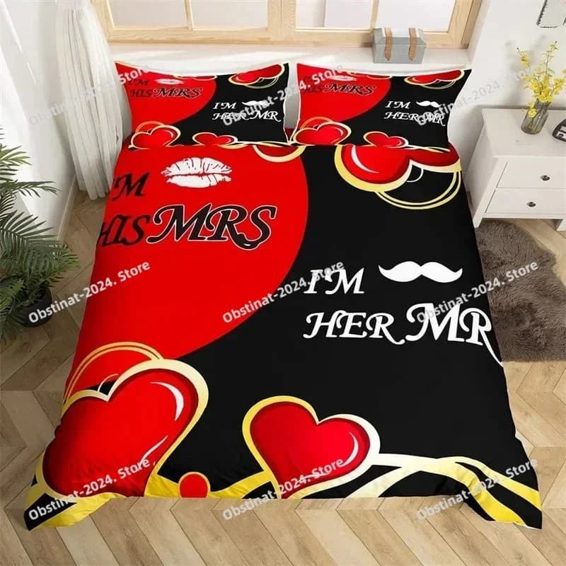 Set biancheria da letto Mr Mrs Set copripiumino in microfibra a tema matrimonio romantico King per San Valentino Citazioni divertenti Copripiumino con cuore d'amore