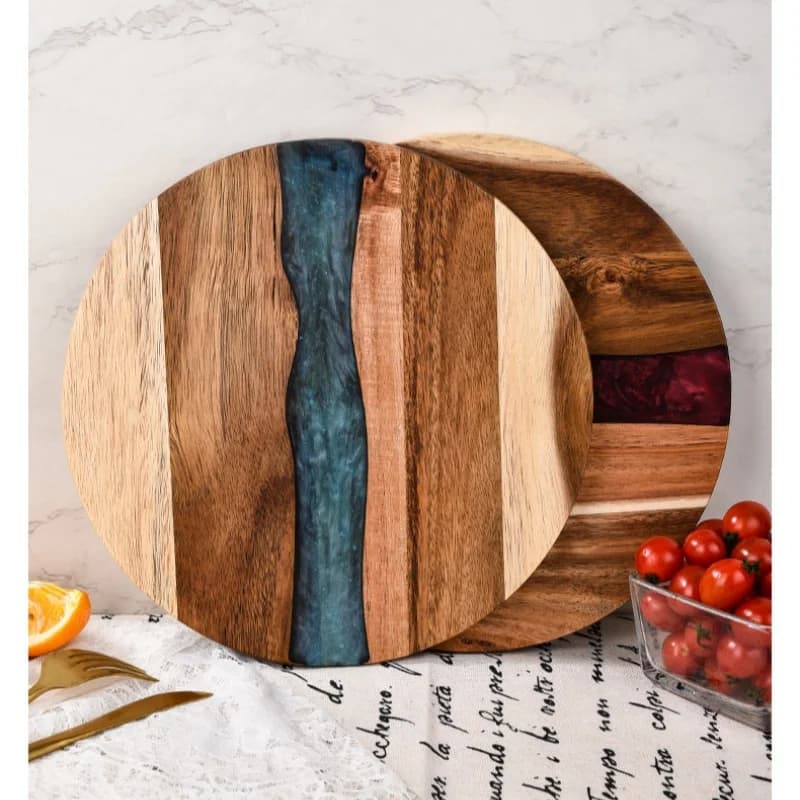 Round table in acacia wood and resin for food - Perfect kitchen tray for steaks, snacks, fruit | Home use and restaurant