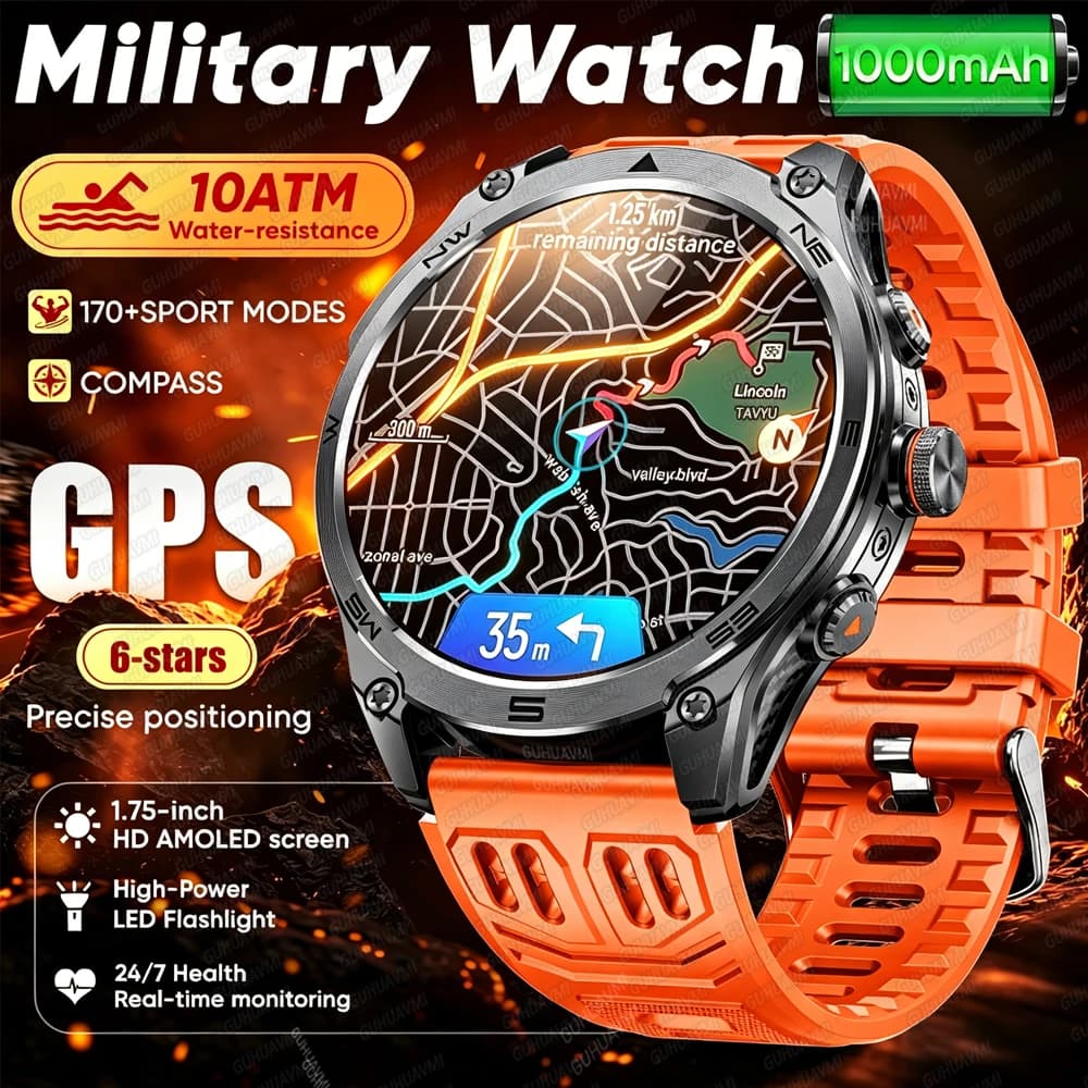 Orologio Sportivo GPS da Uomo 2026, Resistente all'Acqua 10ATM, Batteria 1000mAh, Display AOD 1.75", per Attività Militari e Outdoor