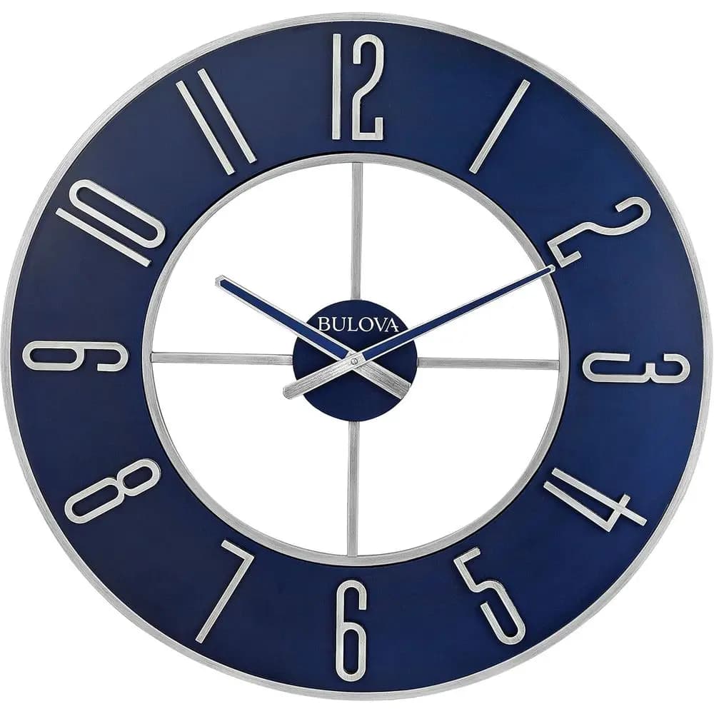 Oversize wall clock in blue steel | el C4809, 27" diameter | Elegant in pure silver and blue | Contemporary design | Battery operated