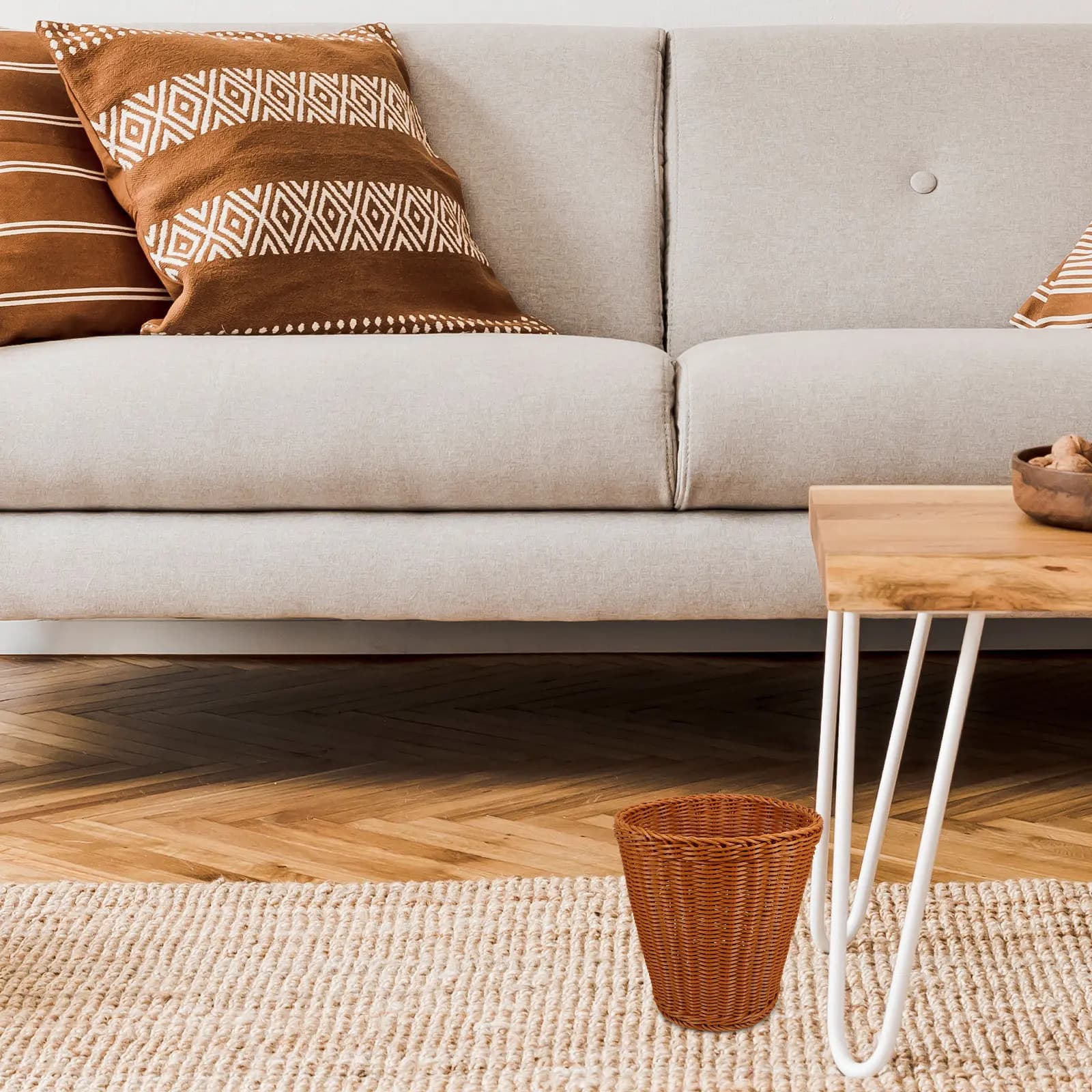 Cestino per Rifiuti in Finto Rattan Intrecciato, Contenitore Multiuso per Oggetti Vari, Bidone Decorativo per Soggiorno