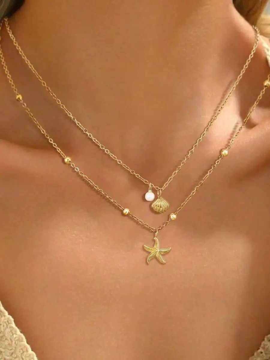 2pcs Seashell Necklace Set For Women Adjustable Starfish Seashell Faux Pearl Pendant Necklace Jewelry For Summer Beach Holiday E