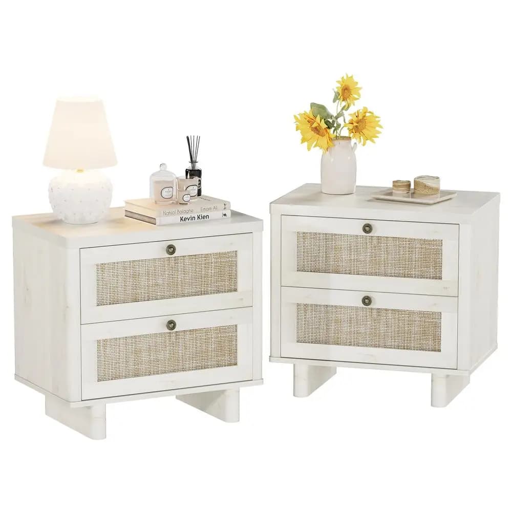 Set di 2 Comodini Grandi, Larghi 23,6 Pollici, con 2 Cassetti in Rattan e Maniglie ad Anello in Bronzo per Camera da Letto