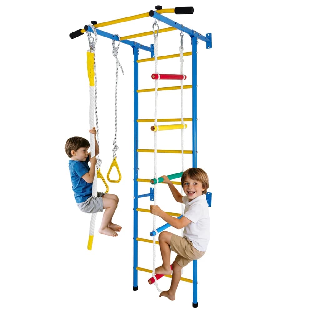 Set da gioco 5 in 1 Laddeer Wall Gym con scala a corda, barra per trazioni, scala a muro, corda e anelli da ginnastica