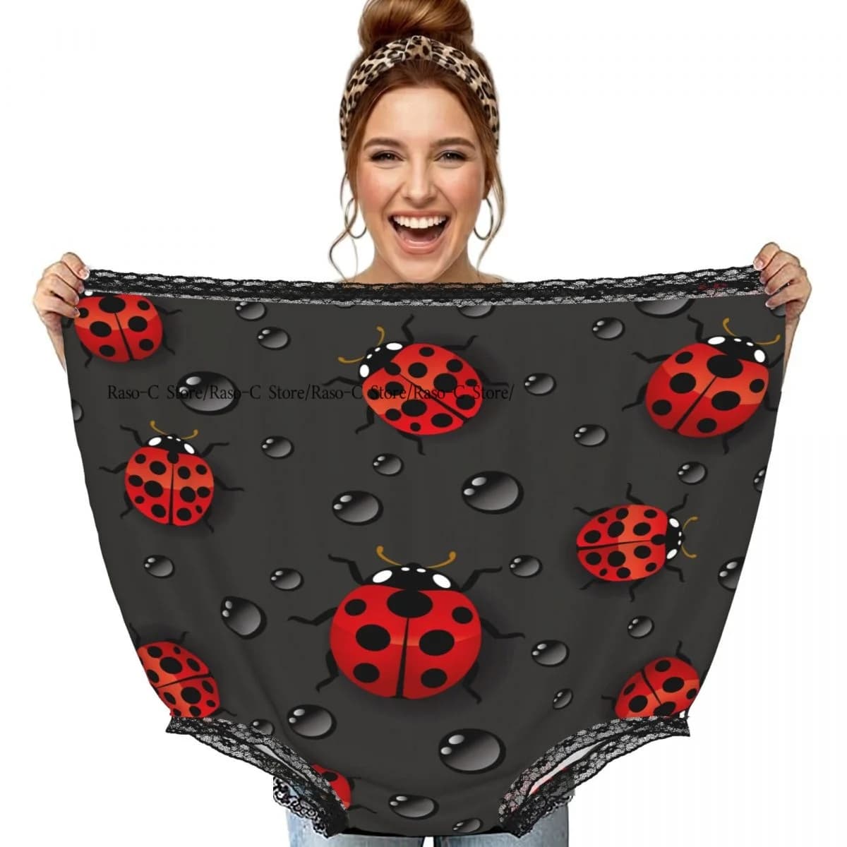 Divertenti mutandine da nonna con coccinelle rosse e gocce d'acqua, regalo a sorpresa